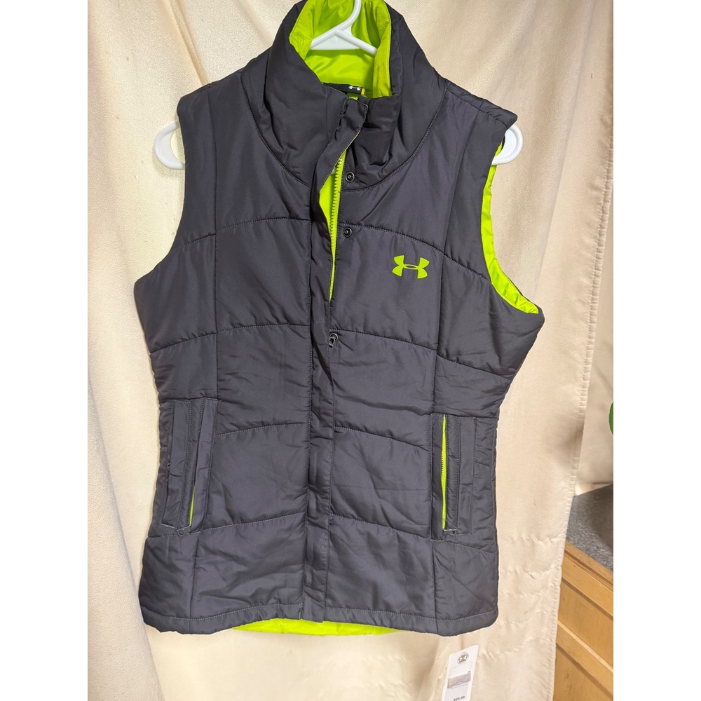 Under Armour Armourchill Dual Pocket Vest Gray Neon Green Puffer Women NWT